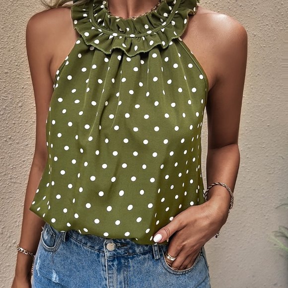 New Polka Dot Print Frill Trim Blouse Green - Picture 6 of 6
